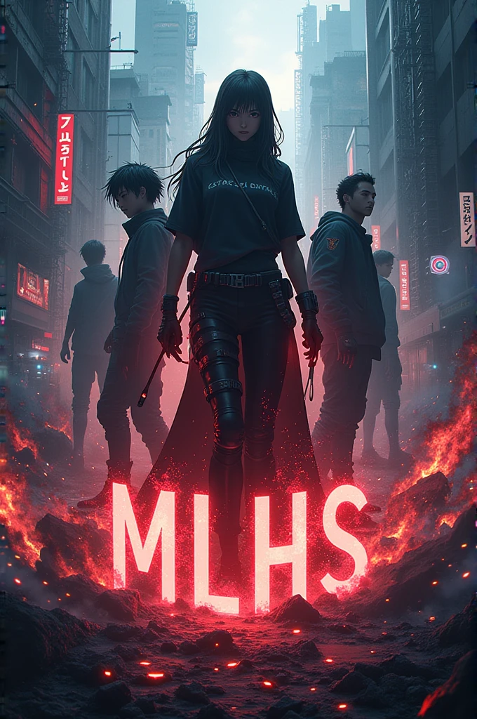 Make an epic anime cover poster with the title MLHS, explosions, dystopian, anime, manga, cyberpunk, violent