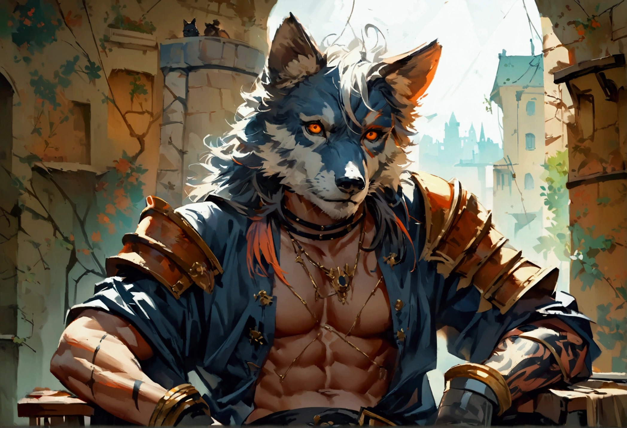 "official art", "Realistic Digital Painting with Concept Art Elements"," digital painting," "concept art," "realistic," , "detailed environment: , "high detail", "detailed face", "high-res", "ominous aura,", "8k resolution", "oil painting", "graded colors", "darker tone" , "little saturation" ,"professionally colored", "detailed features" , "detailed eyes", "full body", "apartment background" , "1man" , "scruffy raven color hair" , "orange wolf ears" , "orange wolf tail" , "sharp canines" , "attractive" , "muscular" , "shirtless" , "medieval times" , " sitting on stool" , "sexy" , "himbo" , "amputated right arm" , "holding beer" , "tattooed left arm" , "big man" , "large stature" , "imposing" , "blue eyes" , "black hair", "stubble on chin"