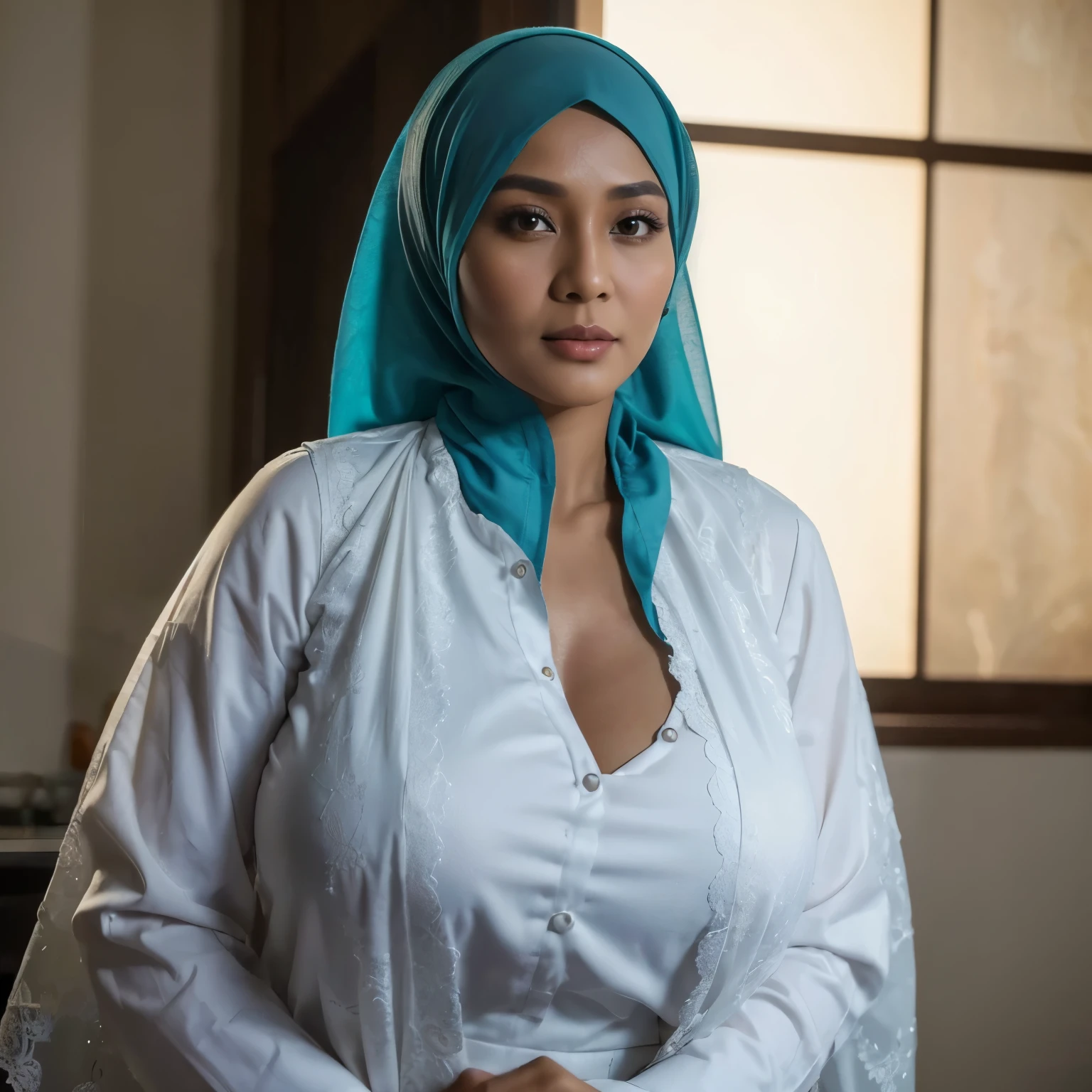 (Best quality, 8k, masterpiece: 1.3), 33 Years old, a hijab Indonesian milf woman with perfect figure: 1.4, dark brown hair, wearing a pendant, wearing an apron, in the kitchen, highly detailed face and skin, detailed eyes, double eyelids, big breasts, standing near kitchen table, full body