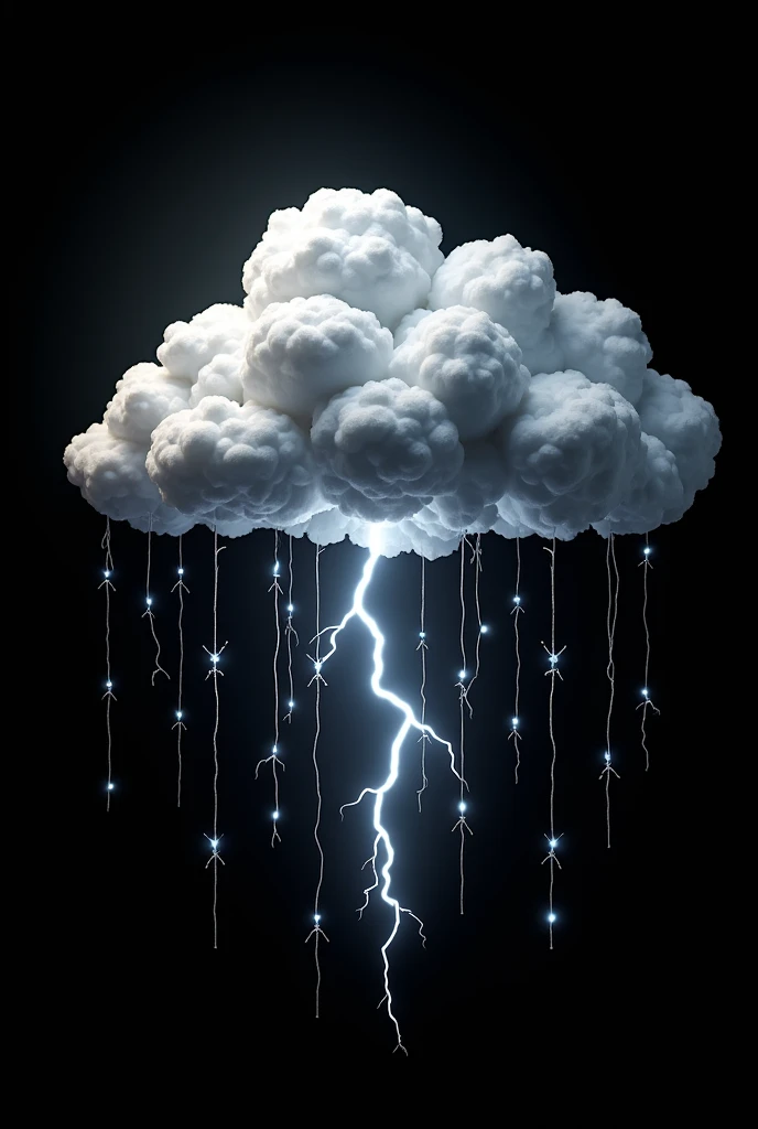 Create a chrome 3D cloud with chrome lightning bolts and barbed wires and falling rain. The background must be completely black