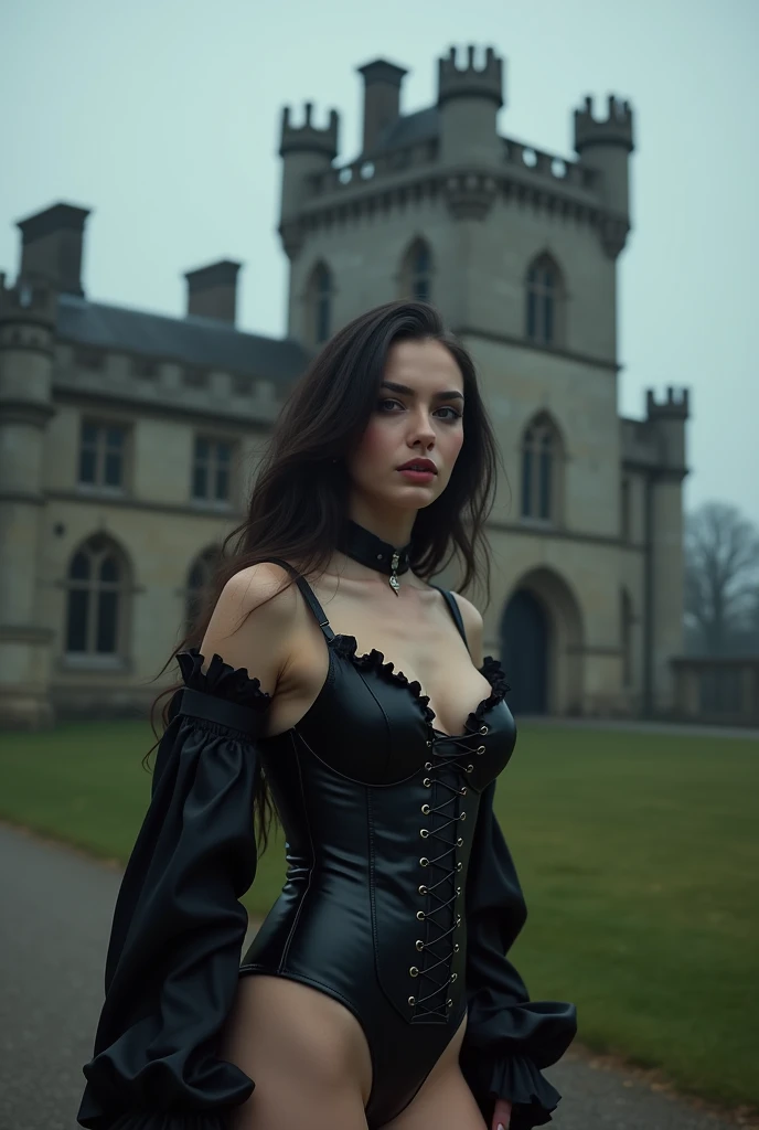 18-year-old girl in sexy gothic look models in front of an old Victorian castle,strap holders, strapse, corset