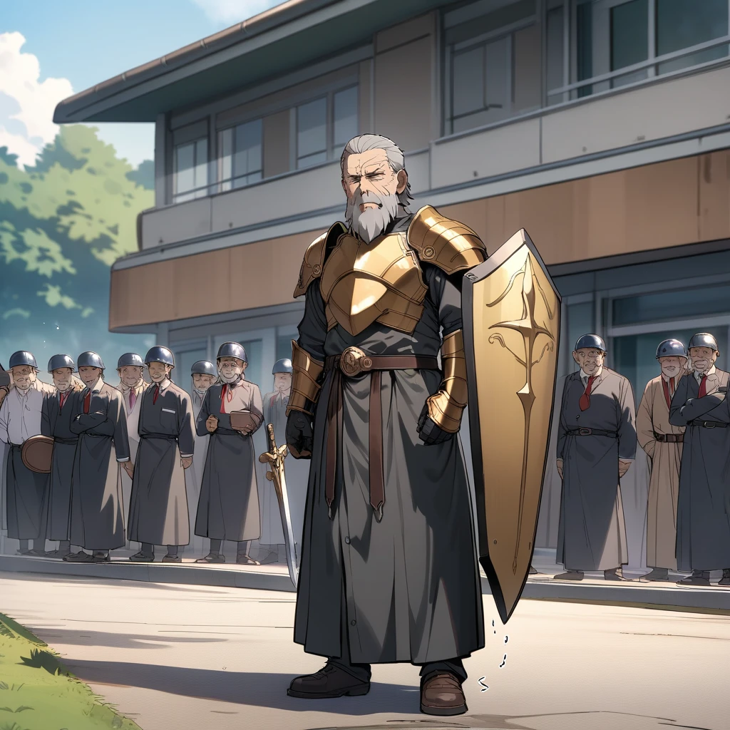 (masterpiece),(best quality),very aesthetic,solo,1 old man,Gray-haired, bearded old man,Sober face in the style of mob characters,(expressionless),(trembling),Armor of the Legendary Heroes,sword of the Legendary Heroes,shield of the Legendary Heroes,helmet,school ground,high school,standing,outdoors,mob schoolgirls walking background