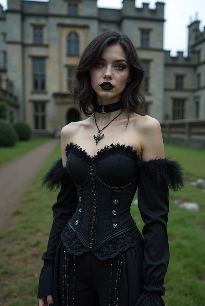 18-year-old girl in sexy gothic look models in front of an old Victorian castle,strap holders, strapse, corset