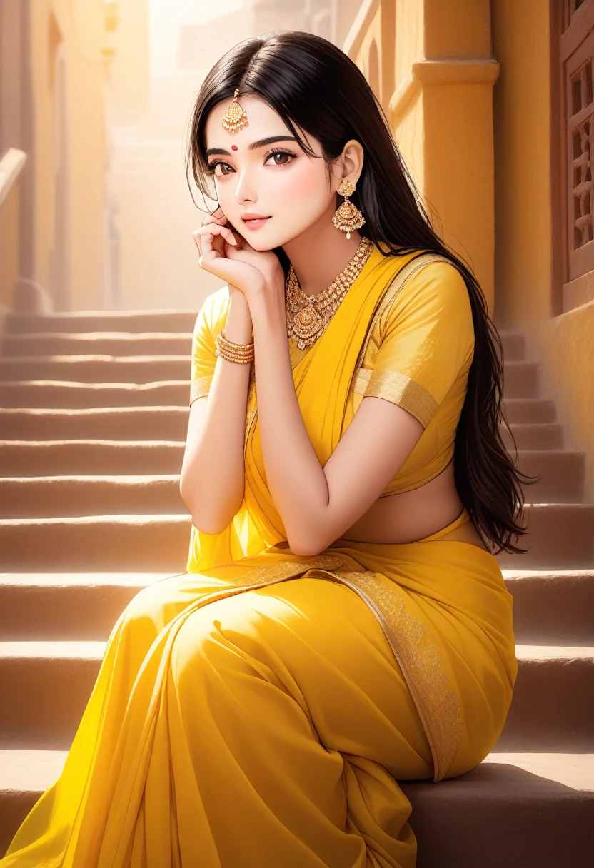 a beautiful woman in a yellow sari sitting on stairs, hand on chin, actress, high resolution, detailed yellow clothing, photo taken with sony alpha 9 and nikon d750 cameras, high quality image, cute and beautiful, professional promo image, warm color tones, natural soft lighting, intricate details, cinematic composition, jhumka earrings,