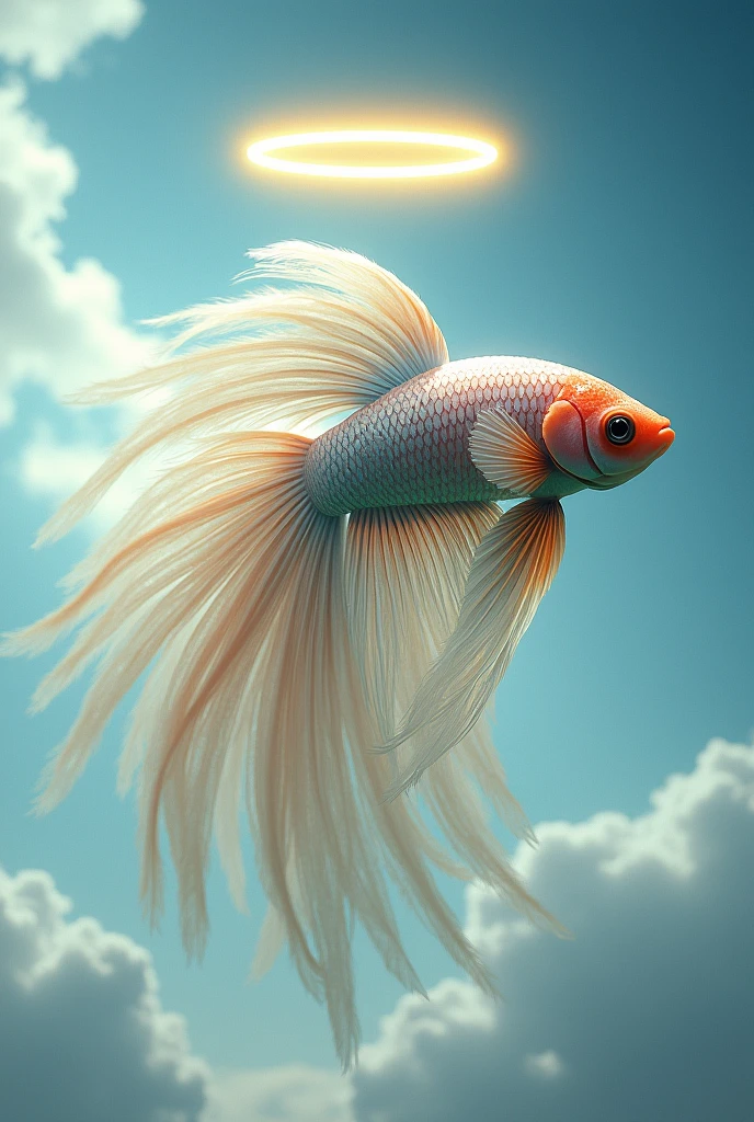 An image of a Betta fish with angel wings and halo in a sky