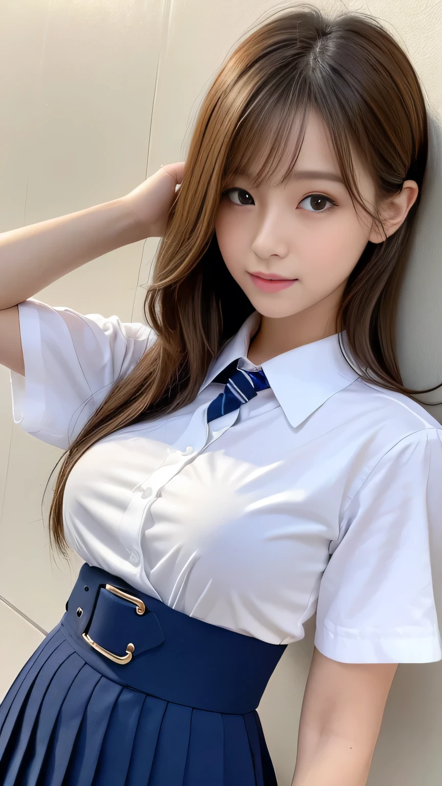 (Detailed skin:1.2),(Glowing Skin:1.1),8k,Highest quality, masterpiece, Ultra-high resolution,(Realistic:1.4), RAW Photos,(Soft Saturation:1.3),(Fair skin:1.2),Japanese Idols,repair,20 years, Light brown hair, (Shoresurf:1.2)、(Long Hairstyles:1.2), Asymmetrical hair, Asymmetrical bangs (Pretty face:1.4), (Large Breasts, Tight waist), Beautiful lighting, Small Head, (school uniform:1.2,),Highly detailed face, Highly detailed lips, fine grain, double eyelid,(Full Body Shot), Browsing Caution, (Sharp focus: 1.2), (Perfect Anatomy、Beautiful woman with perfect figure: 1.2)、Random sexy poses,Accentuate the lines of your legs、smile