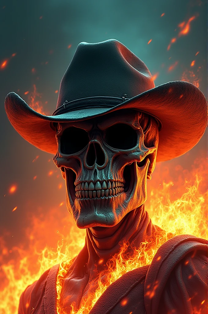 skullish: Draw a stylized skull with dark details and an intimidating expression.
cowboy hat: Add a cowboy hat to the skull, with a worn and rustic appearance, reinforcing a western style.
fire: Engulf the skull in intense flames, with hues of orange, red and teal and yellow, to create a dramatic effect.
texto "Slipk": Below the skull, Write "Slipk" in a font that refers to the heavy metal or rock style, with thick, sharp lines, using a contrasting color