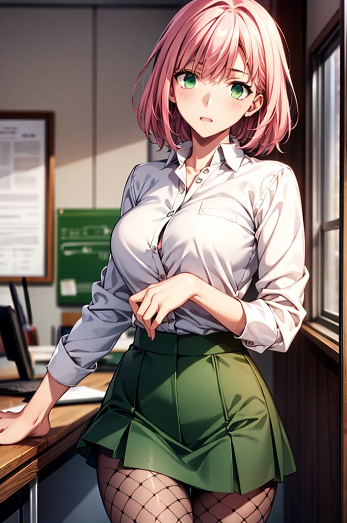 Masterpiece,Highest quality,8k,Ultra-high resolution,appropriate margins,Perfect hands,Perfect Fingers,Perfect human body,Perfect Eyes,((Cowboy Shot)),BREAK,Bright expression,(1 person),(The most beautiful mature women),Slim body,((Big Breasts)),Moisturized Skin,Fair skin,BREAK,(Pink Hair),short hair,hairpin,Thin eyebrows,BREAK,Green Eyes,Light in the eyes,BREAK,Open your mouth a little,BREAK,((officeレディ)),((White shirt,skirt,Fishnet tights)),BREAK,office、desk