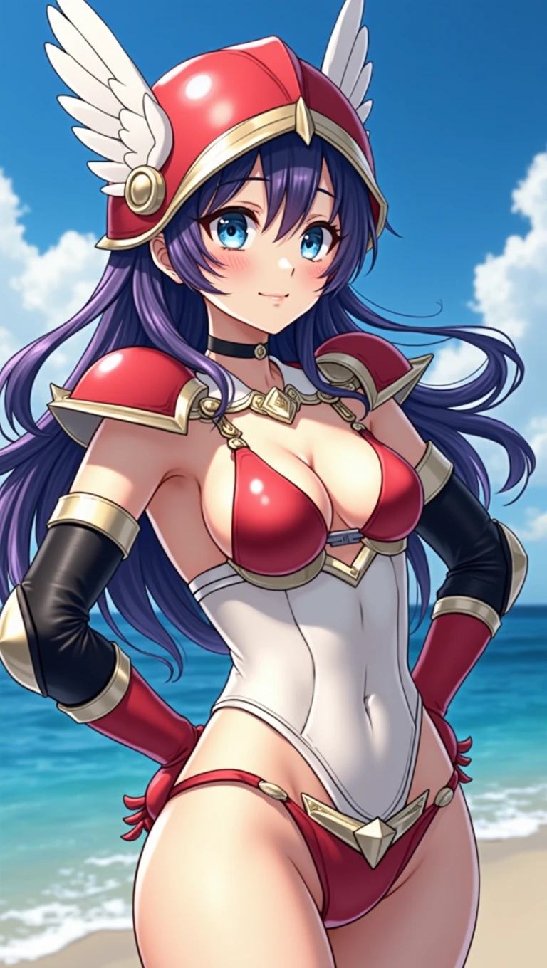 masterpiece、1 beautiful girl、Beautiful Eyes、smile、y eyes、Highest quality, 超High resolution, (reality: 1.4), Cinema Lighting、so beautiful、Beautiful Skin、(ultra-realistic)、(High resolution)、(8k)、(Very detailed)、(Beautiful Eyes)、(Very detailedな)、 、Detailed face、Bright lighting、Professional Lighting、Looking at the audience、Look straight ahead、diagonal bangs、Perfect cosplay,((masterpiece, Highest quality,Edge Quality)),
Edge DQ, Long Hair, chest, smile, Blue eyes, large chest, gloves, belly buttChest cleavage purple hair, choker, elbow gloves, sword, bikini armor, Winged Helmet, red armor ,wearing Edge DQ_armor、muscular、(((Put your hands on your head、Put your hands on your hips、Please put your hands together in front of you.、Place your hands behind your back)))、(((Ocean)))、(((Photographed from the shore)))