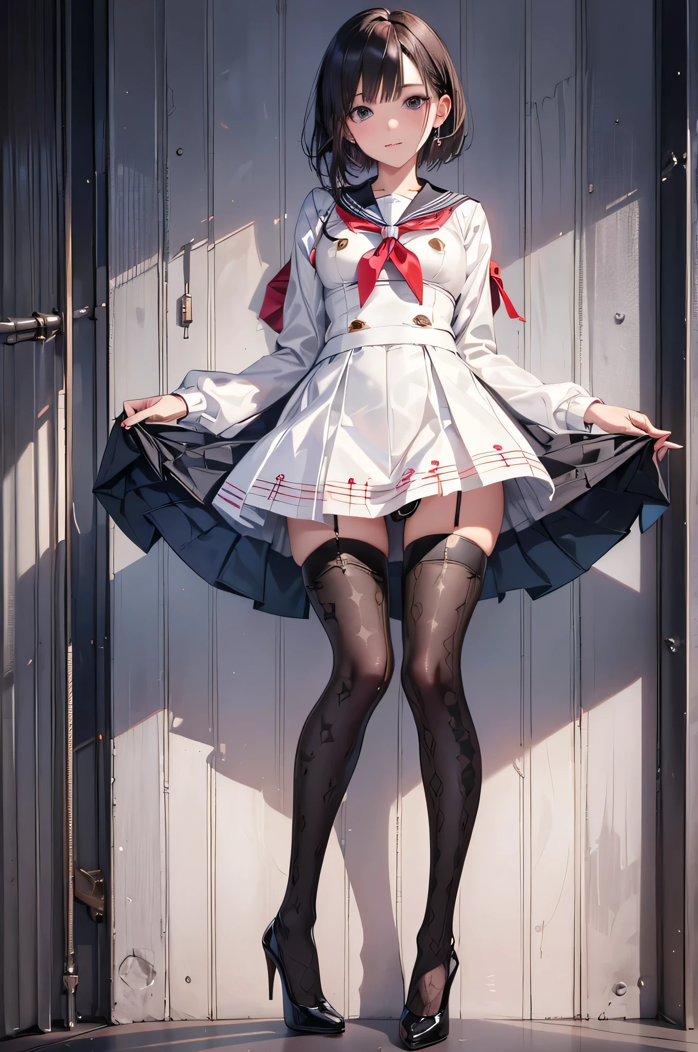 ((Biologically correct limb count)),(( From head to toe,Full-body photo including face)),4K,((Standing position)),masterpiece,((Focus on the face)),((Symmetrical facial features)),Eyes with detailed description,Beautiful woman,Great style,Beautiful arms,Beautiful legs,Beautiful Hands,(Small Ass,Thin thighs),Detailed depiction of the face,Small earrings,necklace,(Latex sailor suit,mini skirt((High heels,Patterned stockings))),Realistic photo,Short Hair,Stand at an angle