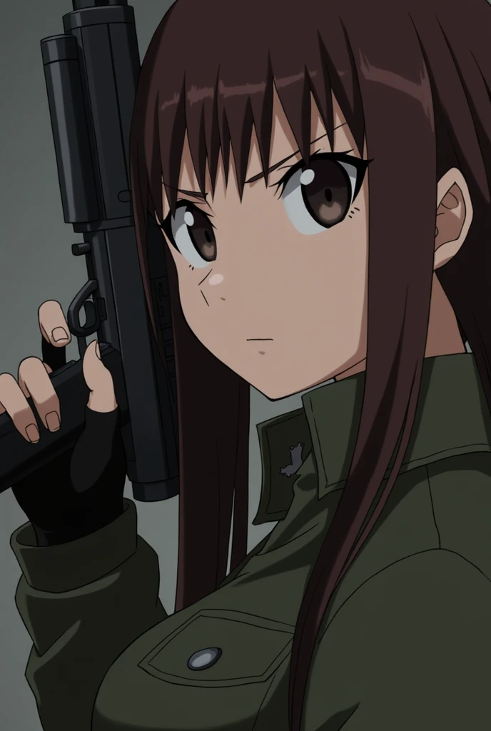 Close up portrait of a woman with a gun in her hand, revue black lagoon, From Black Lagoon, The finer details. Girls' Frontline, Quiet from Metal Gear Solid, from Girls' Frontline, m4 sopmod ii Girls' Frontline, Quiet from Metal Gear Solid v, revue, Kusanagi, Soldier Girl, revue, Female Action Anime Girl