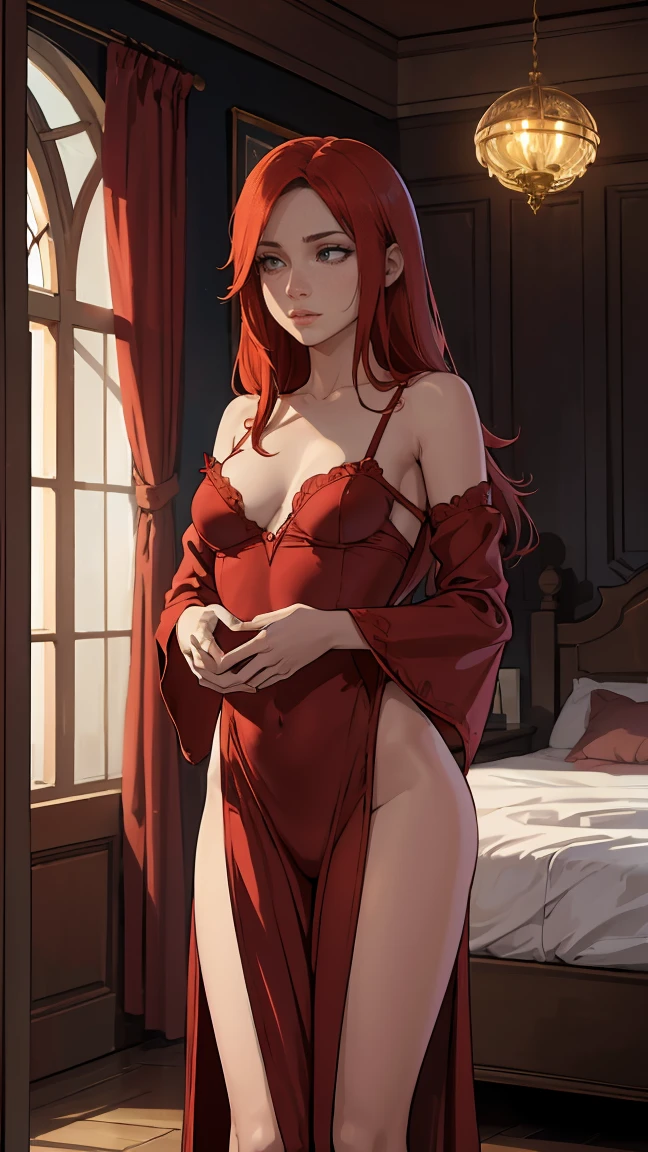 (work of art:1.2, best qualityer:1.2, comely, high qualiy, high resolution:1.1), detailded, extremely detailded 4K, perfects eyes, face perfect, perfect lighting, (1 girl, standing alone, adult female, mature woman), fine tune, Agile body,
cooking, long redhead hair, Eyes red, cups, (Flat Breast:1.2), cups, Eyes red, Transparent robe, lingerie
(Room, delicate bed, intimate moment, female bed:1.2), (( serene calm, chic ))