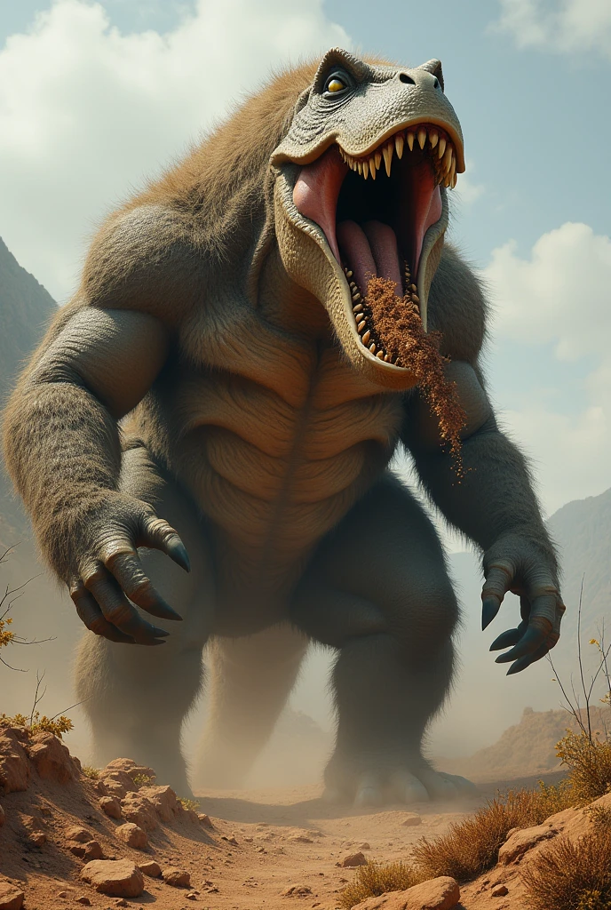 he evolved in another way, spits out bursts of dirt that he himself eats from the ground, but it is extremely large, gargantuan, approximately 10 meters tall when adult, this animal is omnivorous, but it is not recommended to go near him when he is hungry, similar to a t-Rex , smaller, with hair