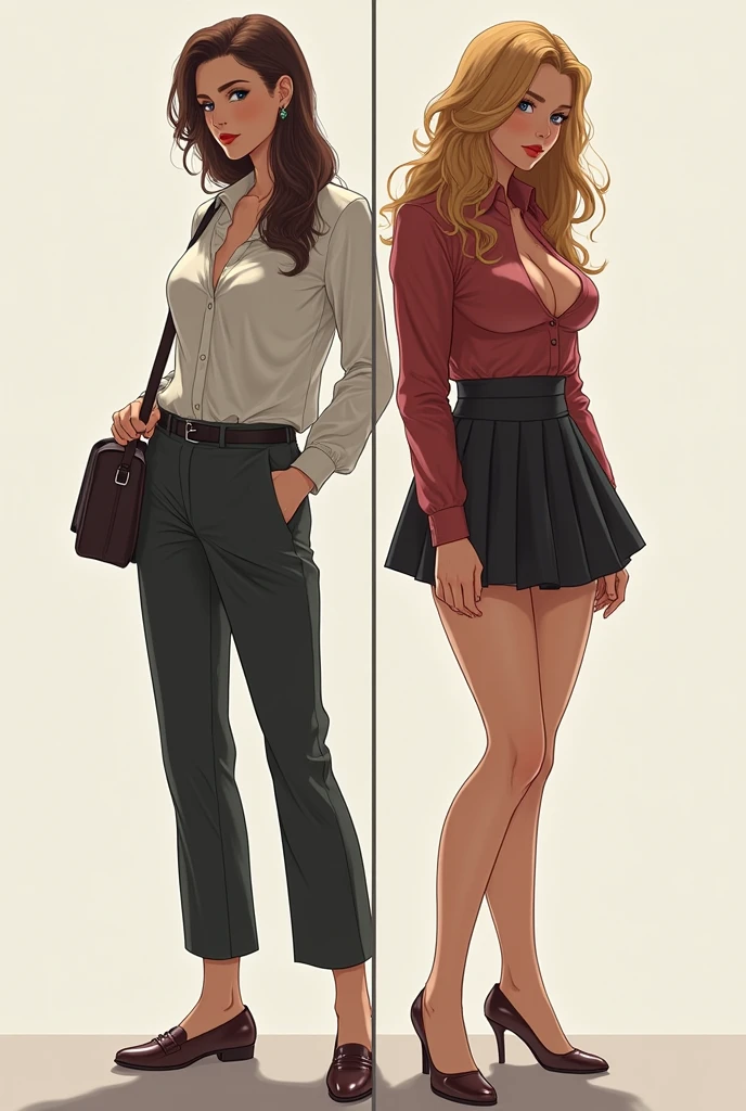 ((best quality)), ((masterpiece)), (detailed)), a split screen image on the left side the woman wears decent clothes while the right side of
the same woman is wearing provocative
clothes