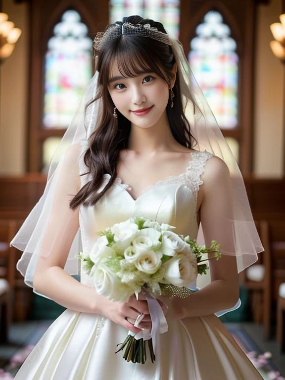 Photo-realistic quality、a woman in a Wedding dress holding a bouquet of flowers、20 year old Japanese model、白のWedding dress,Hanae Mori style wedding dress、lace prom dresses、looking at the camera、Detailed and beautiful eyes、Cute smile、Relaxed and gentle expression、a close up of a woman in a Wedding dress holding a bouquet, Wedding dress,  So magical and dreamy