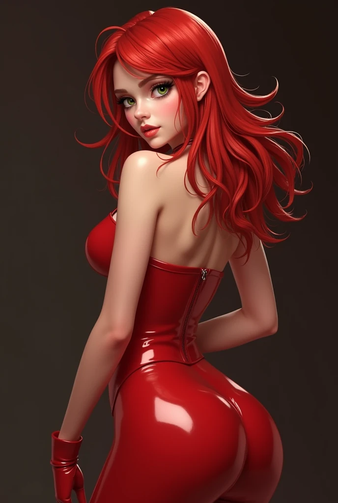 1 girl, realistic, Cutie, red head, 18+, tight, oil, shiny, very shiny, shiny, latex, latex, latex, looking back, green eyes, provocative pose, inviting