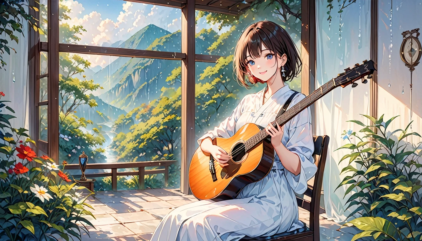 (Highest quality,4K,8k,High resolution,masterpiece:1.2),Very detailed,Realistic,Transparent guitar sculpture,night,Sunlight reflecting off a guitar,Body Details,Delicate strings,Vibrant color palette,Sculpting Tools,Hourglass Shape,Sound hole,Elegant Curves,Polished surface,Delicate carving,Light and shadow effects,Subtle reflection,Sparkling Surface,A girl sitting on a chair,18 years old child、Harmony between nature and art,Perfect craftsmanship,Transcendental beauty,Awe-inspiring works of art、Outdoor、short hair、Earrings、White shirt、Great smile、Natural rain and natural vegetation、Home