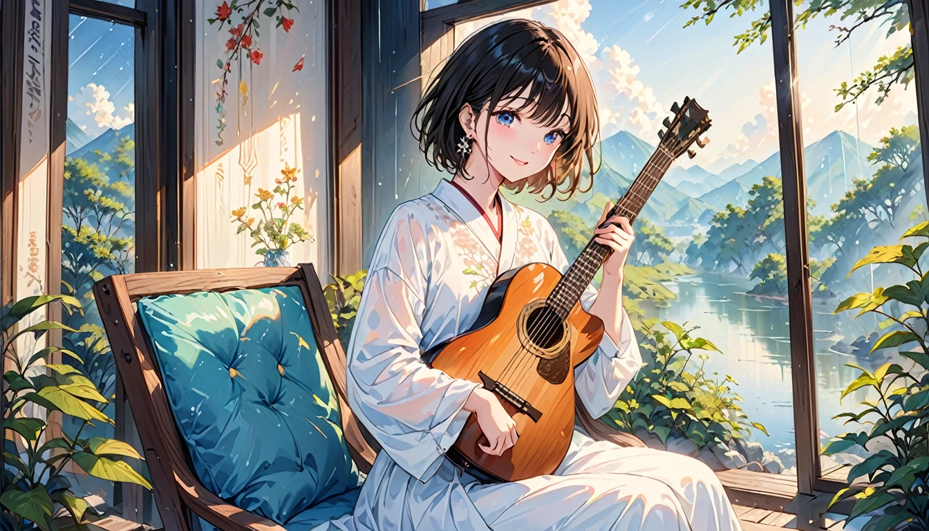 (Highest quality,4K,8k,High resolution,masterpiece:1.2),Very detailed,Realistic,Transparent guitar sculpture,night,Sunlight reflecting off a guitar,Body Details,Delicate strings,Vibrant color palette,Sculpting Tools,Hourglass Shape,Sound hole,Elegant Curves,Polished surface,Delicate carving,Light and shadow effects,Subtle reflection,Sparkling Surface,A girl sitting on a chair,18 years old child、Harmony between nature and art,Perfect craftsmanship,Transcendental beauty,Awe-inspiring works of art、Outdoor、short hair、Earrings、White shirt、Great smile、Natural rain and natural vegetation、Home