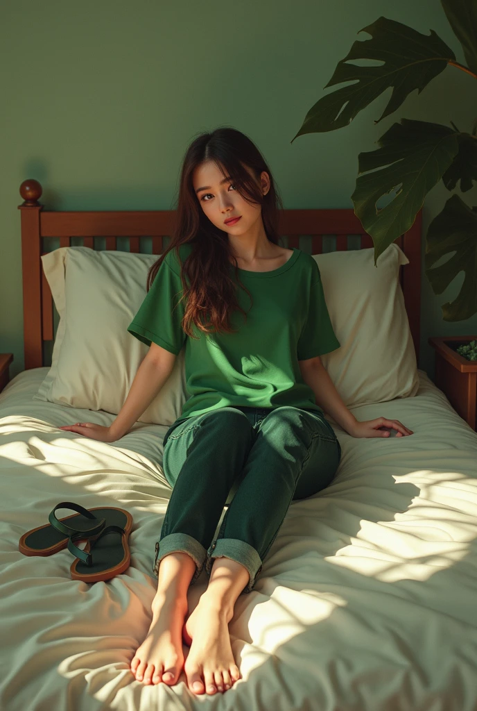 A pretty girl on the bed with a green shirt and dark green jeans and with her feet bare and with two sandals thrown on the bed