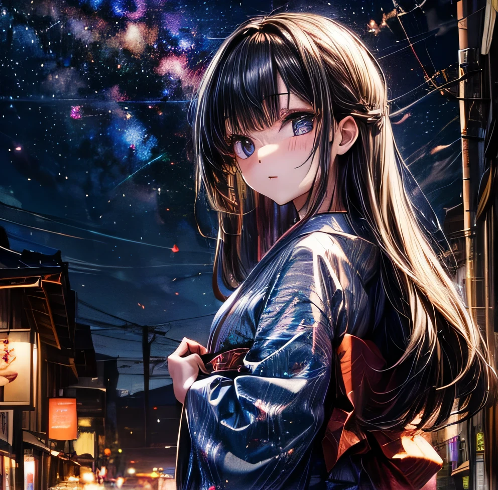 Milky Way Galaxy long hair Black Hair Bangs Patsun High-end kimono Townscape