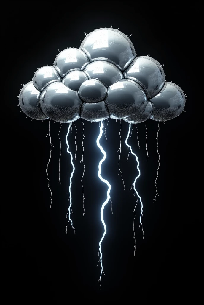 Create a chrome 3D chrome cloud with chrome lightning bolts and barbed wires and falling rain. The background must be completely black