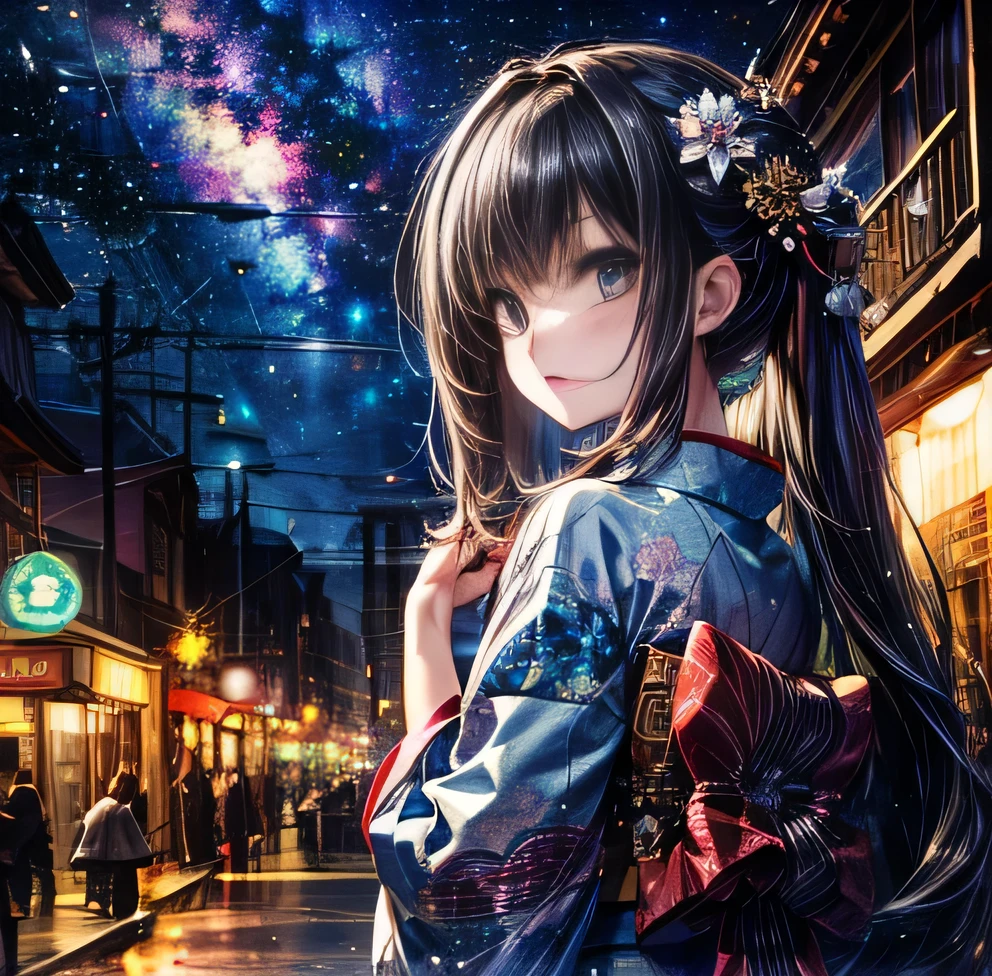 Milky Way Galaxy long hair Black Hair Bangs Patsun High-end kimono Townscape