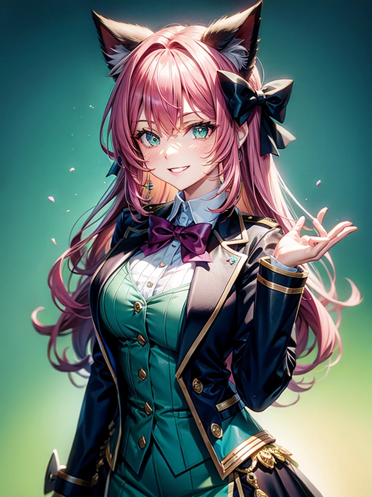 Magenta hair, hazel eyes, older woman, hair bows, cat ears, long hair, smiling face, sexy uniform outfit, teal and gold clothes, succulent plants background