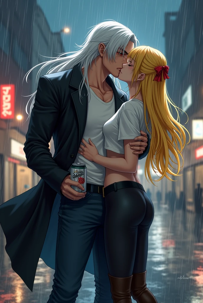trunks,long straight white hair,Red eyes,semi muscular,scar mark above one of his eyes,White T-shirt,long black jacket,dark blue jean pants,black boots,white saiyajin cola,next to a woman with a female body,long yellow hair tied with a red ribbon,sky blue eyes,white short sleeveless shirt,black pants stuck to his legs,brown boots giving each other a romantic kiss in a japan city at night in the rain