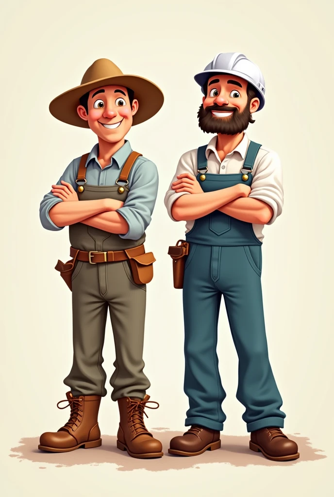 2 people smiling with arms crossed, a farmer with a straw hat and an industrial engineer with a white helmet and apron. Both in profile and from behind. both men. Full body image with legs and feet. cartoon.