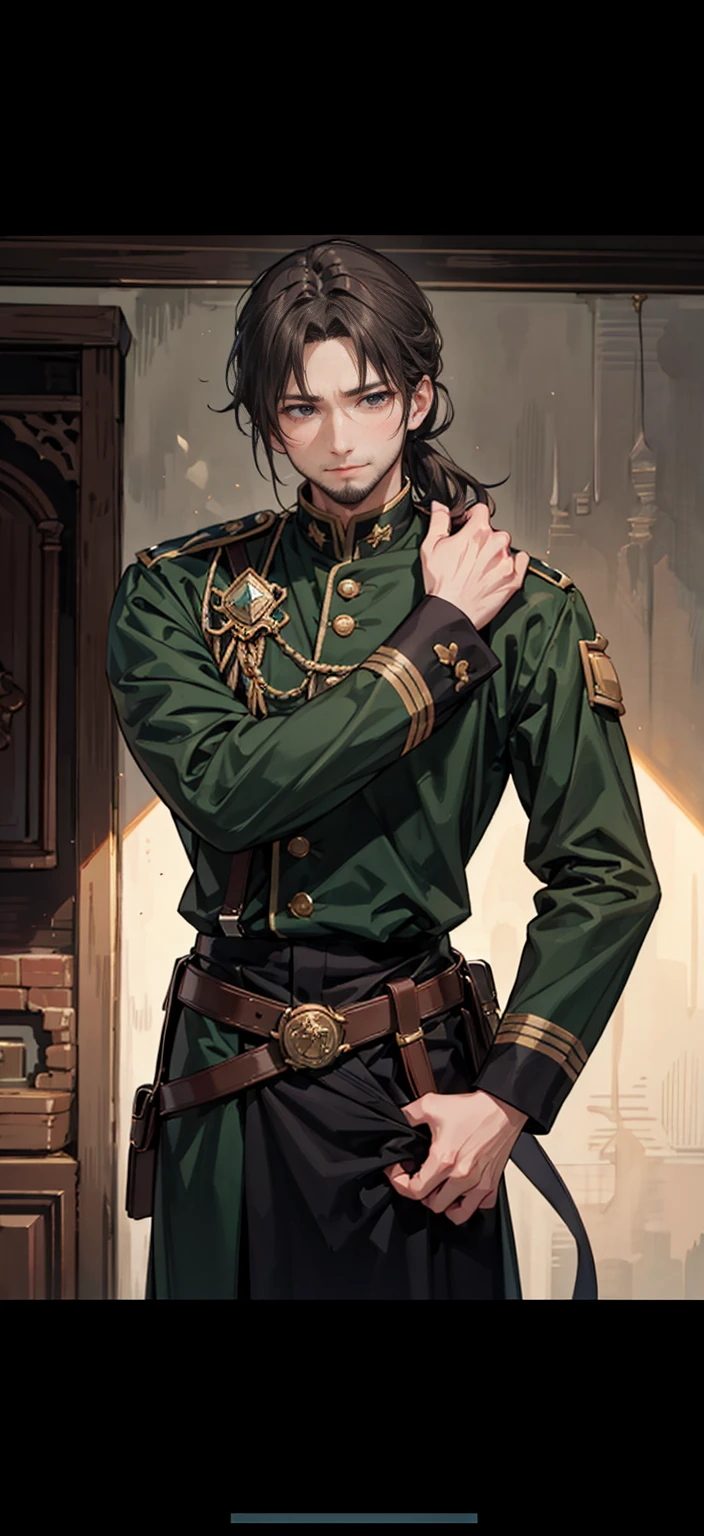 male、good looking、masterpiece、knight、soldier、Emerald green、Light brown hair、Wavy Hair、Hair up to the neck、Not too long hair、Cool look、A balanced body、アニメ調、アニメ、40 years old、Thin beard、mature、Staying calm、Astringent、Thin beard、Before male、Male-like、Image above the chest、Highest quality、Character Design、Not young、Western film、A little smile、Western film style、Western film-style clothing、Black military uniform、soldier、Europe、antique、uncle、Old man、Middle-aged male、Medium Hair、Medium Bob、Astringent atmosphere、Lowered hair、Sadness、High resolution,