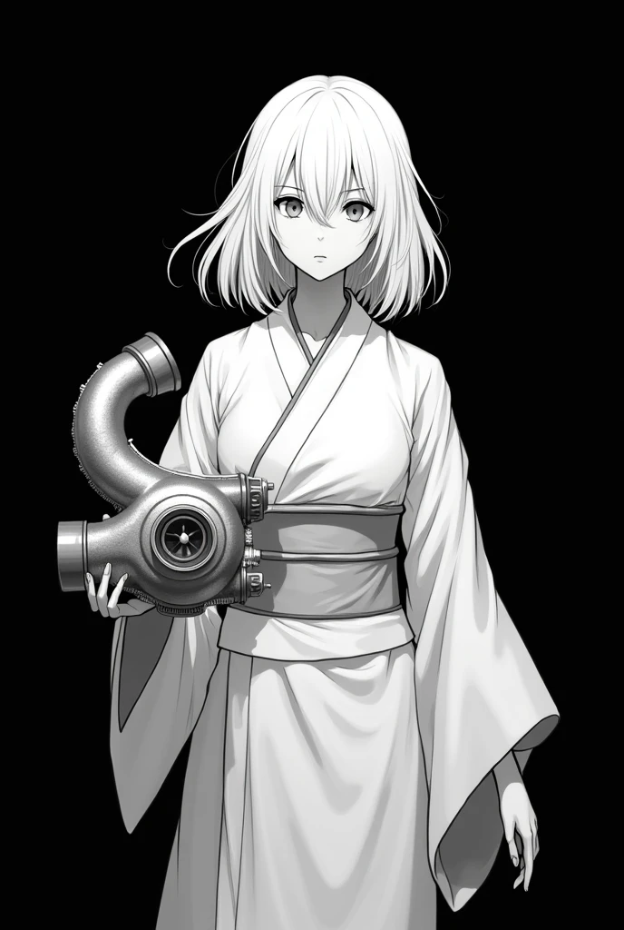 White pen on a black background。
No grey, just black and white。
A girl with white hair wearing a kimono。
Deformation。
The length of the hair is medium。
The color of the kimono is white。
holding a car turbo in his hand。