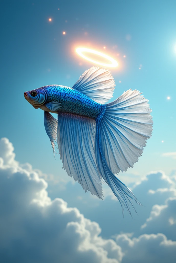 An image of a dark blue Betta fish with angel wings and halo in a sky