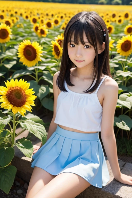 ((Highest quality)), ((masterpiece)), (Familiar), Perfect Face,Japanese,,girl,cute,Primary school students,Midsummer,camisole,Tank top,Bare skin to avoid,mini skirt,Sunflower field,String Panties,Swewith your legs apart,Chest