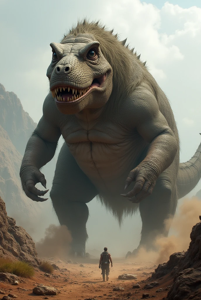 he evolved in another way, spits out bursts of dirt that he himself eats from the ground, but it is extremely large, gargantuan, approximately 10 meters tall when adult, this animal is omnivorous, but it is not recommended to go near him when he is hungry, similar to a t-Rex , smaller, with hair