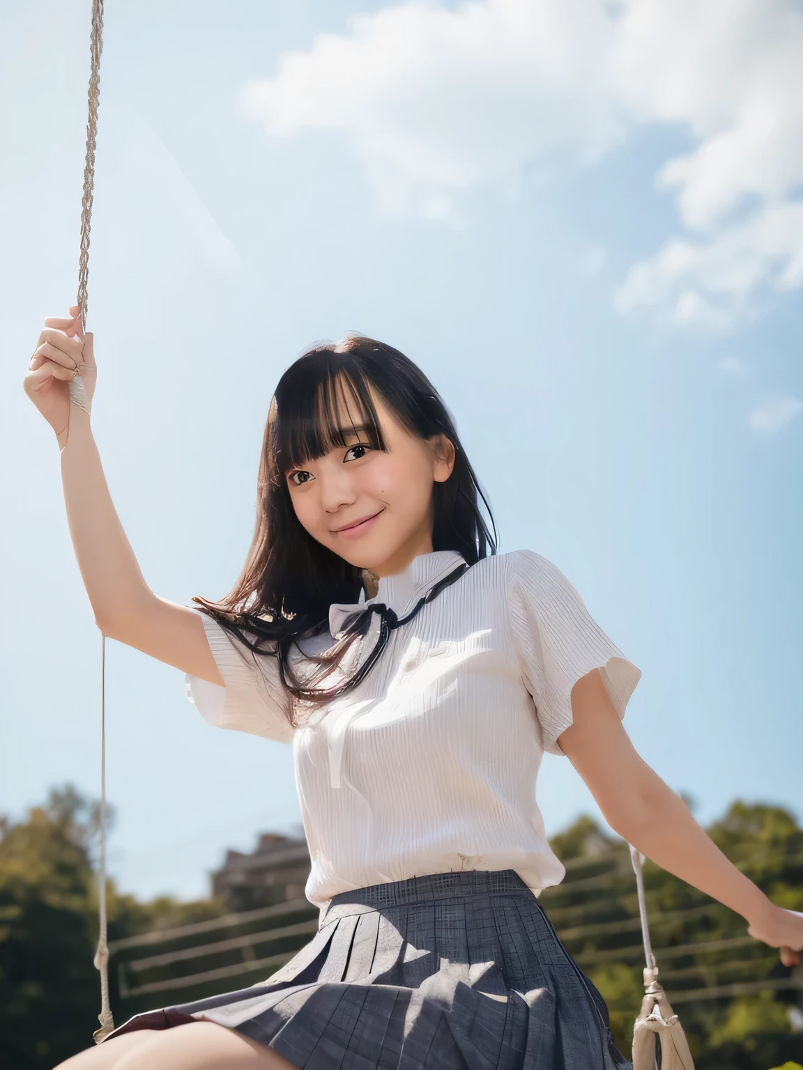 Highest quality,Super detailed,A high school girl swinging on a swing in a sunny park,White short sleeve blouse,Black pleated skirt,Posing for a photo,Knees aligned,Distant scenery is blurry,Illuminated by sunlight