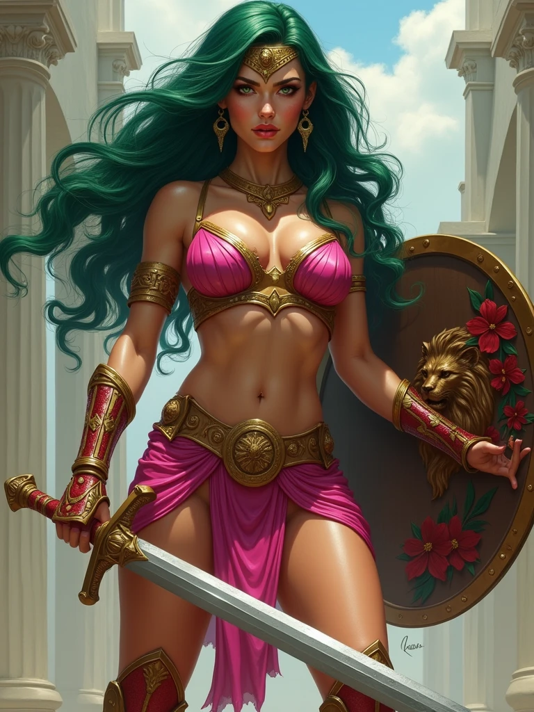 An Amazon posing with confidence and courage. Body: the face is like Megan Fox. She has a very long green wavy hair. The breasts are big and voluptuous and hips are very strong and toned. The waist is tiny. Her body is voluptuous and delicate. Clothes: Amazon armoured suit. The armor is bright metallic pink with red and green Flowers details. She has a long sword and a shield with Lion's head relief symbol. Image style and definition: ultra realistic photo, feminine figure, portraits, Reductionist form, mujercore.