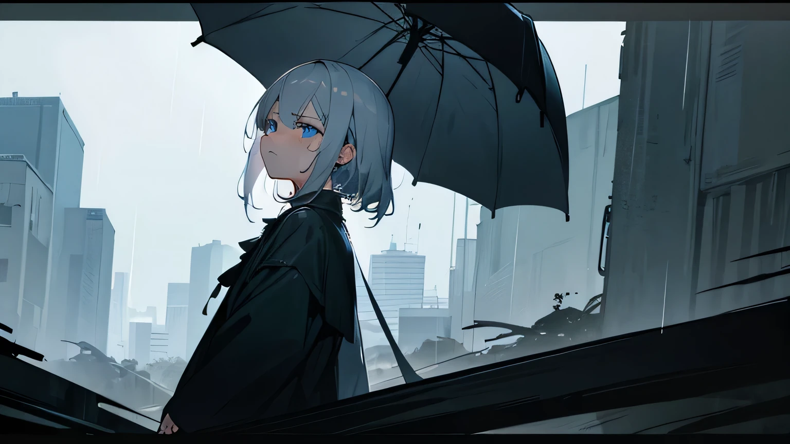 Back view、Turning face、Tears、A hollow look of anger、Gray hair blue eyes、Slightly burnt black clothing、Dark rainy country road。