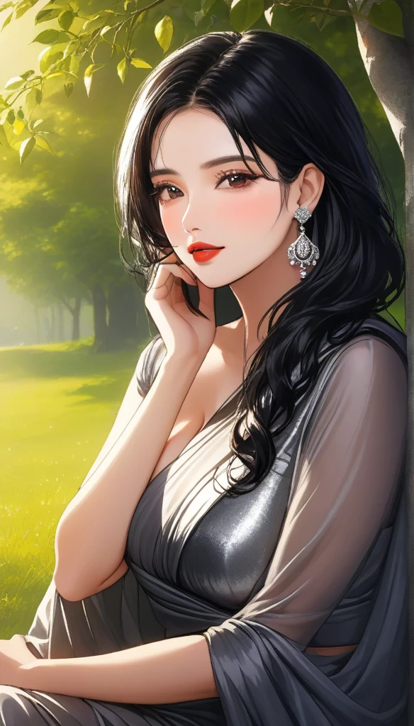 a beautiful woman sitting on hill under tree, her hand on chin, long silver jhumka earrings, saggy breasts, red lipstick, makeup, black wavy hair with two falling hair strands, rosy blush, silver silk saree, alluring, seductive expression, dramatic lighting, vivid colors, (best quality,4k,8k,highres,masterpiece:1.2),ultra-detailed,(realistic,photorealistic,photo-realistic:1.37)
