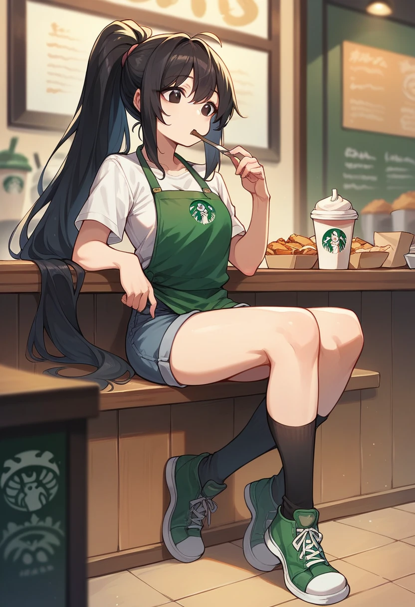 Anime girl eating food in a restaurant called Starbucks with black long ponytail hair and black eyes and cute short shirt and shorts and long socks and green shoes 