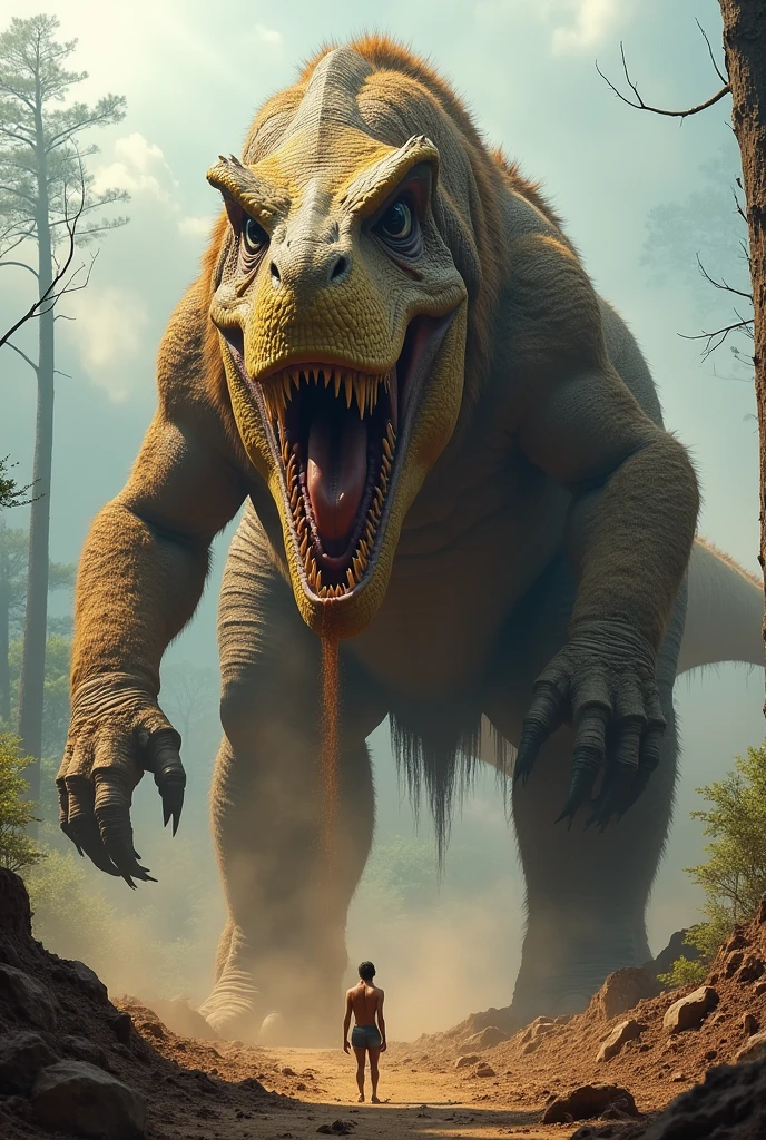 he evolved in another way, spits out bursts of dirt that he himself eats from the ground, but it is extremely large, gargantuan, approximately 10 meters tall when adult, this animal is omnivorous, but it is not recommended to go near him when he is hungry, similar to a t-Rex , smaller, with more hair