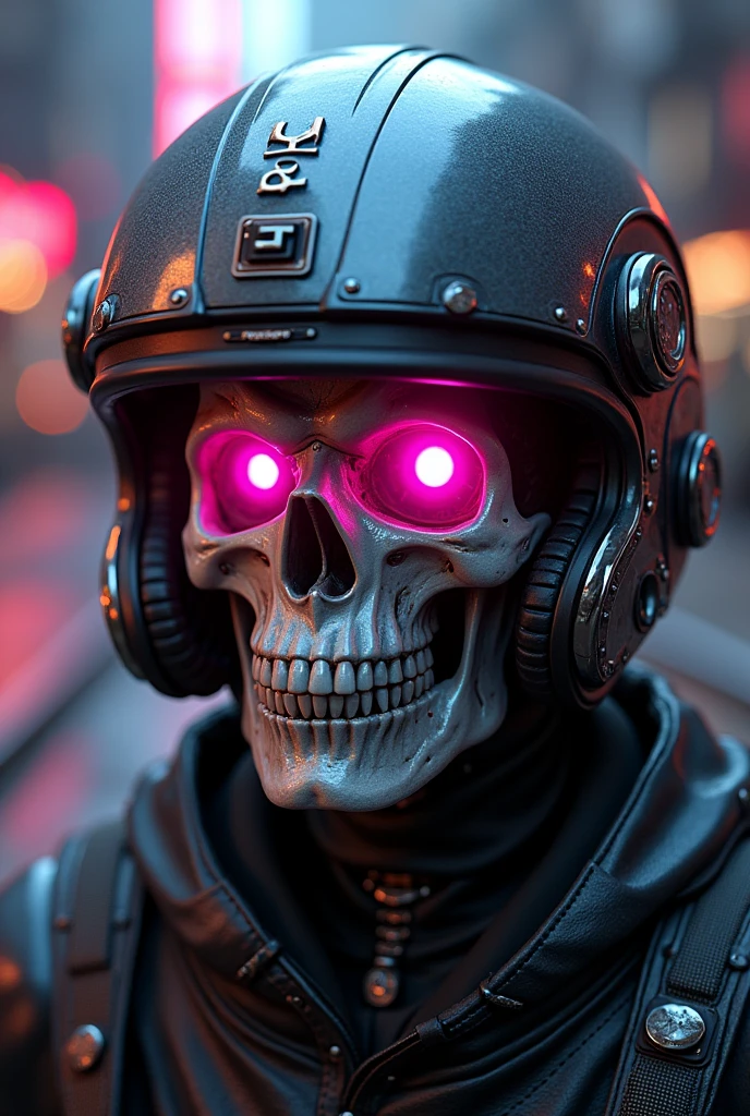 Futuristic skull with a motorcycle helmet has pink eyes and on the helmet some gothic letters that say Franco