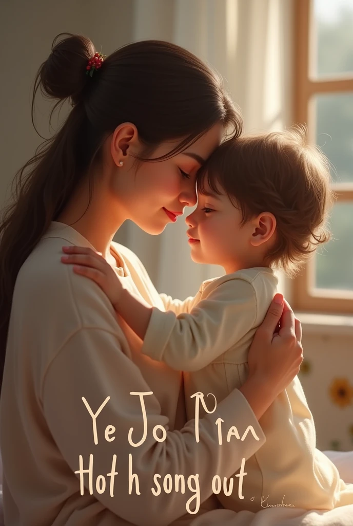 Mother and child in a tender embrace, warm love, connection, gentle touch, emotional scene, write text on image 'Ye Jo Maa Hot h song out'.