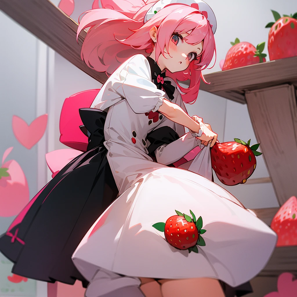 Create a small logo of a store called "Lulumu Store" with white colors, rosa , red, black and has a girl dressed as a lolita with pastel pink hair and strawberries drawn around it 