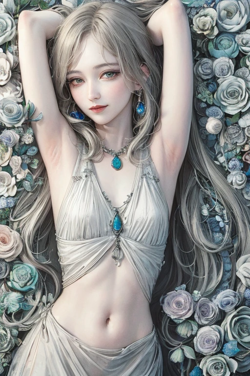 masterpiece: 1.7, Highest quality、(Extremely detailed CG、Ultra-detailed、Best Shadow:1.3)、solo、Whole Body Ezbian、Picturesque、sketch、Paper Texture、Ultra-high resolution、Highly detailed face、Highly detailed eyes、Flat Color、Limited palette、High Contrast、Realistic、Best lighting、goddess、elegant、Leprechaun、Mature Woman、Beautiful woman、Jewel Eyes、Gray Hair、Straight hair、Blue Gem、Smile a little、Blanche:1.5、(Tangleた、And Mandalas、Tangle、Intertwined:1)、Background Flowers、Lots of flowers