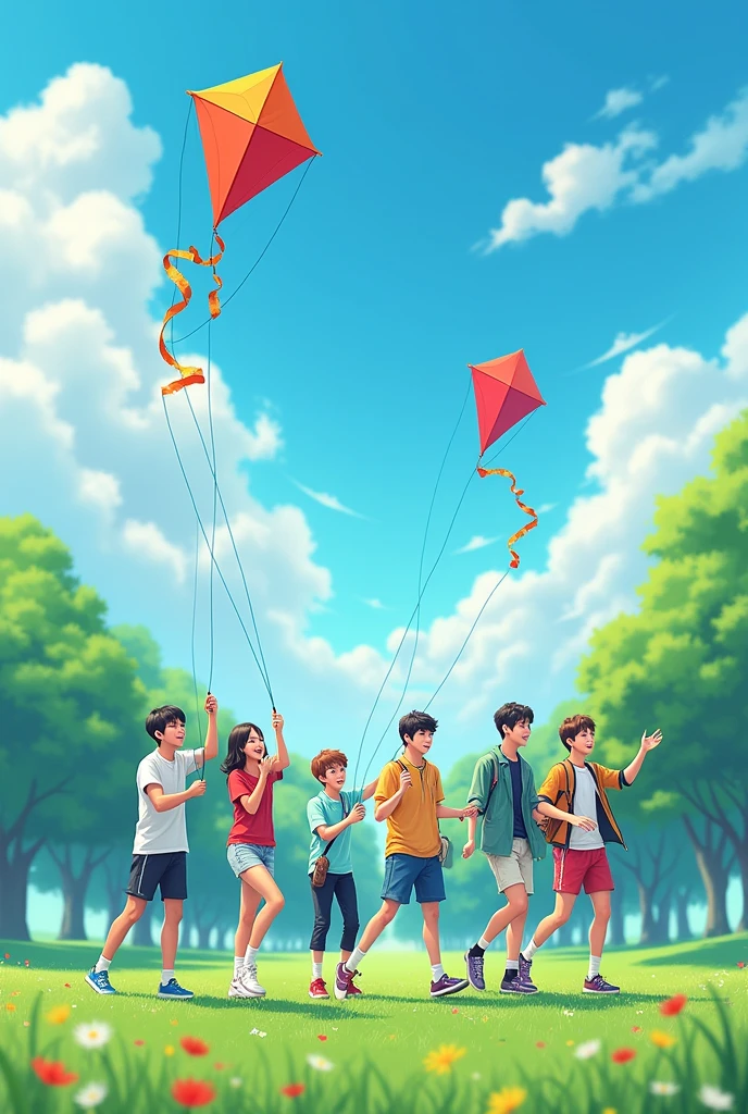 BTS members are flying kites.