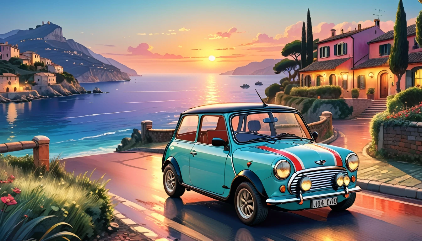 Historical masterpieces,Italian coast at dusk,A picture of a Mini Cooper parked on the road, Beautiful artwork, OutRun art style, Beautiful digital art, Great art style, Retro style, Landscape Background,, Highly detailed digital painting,Watercolor style, super Realistic painting style, Detailed 4K painting, Realistic painting style, Awesome Wallpapers