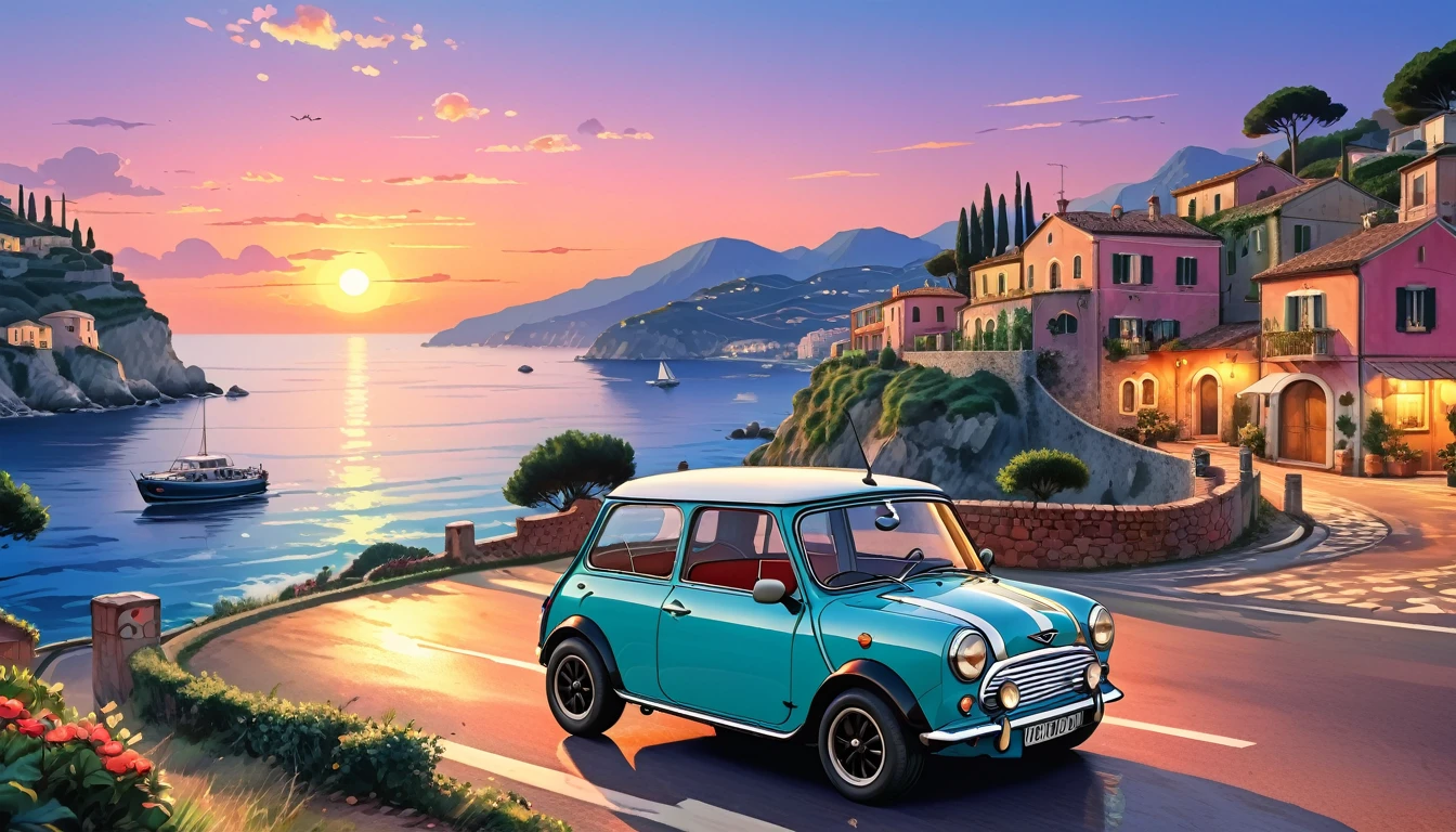 Historical masterpieces,Italian coast at dusk,A picture of a Mini Cooper parked on the road, Beautiful artwork, OutRun art style, Beautiful digital art, Great art style, Retro style, Landscape Background,, Highly detailed digital painting,Watercolor style, super Realistic painting style, Detailed 4K painting, Realistic painting style, Awesome Wallpapers