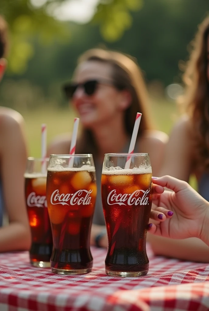 some friends at a picnic drinking glasses of Coca Cola soda