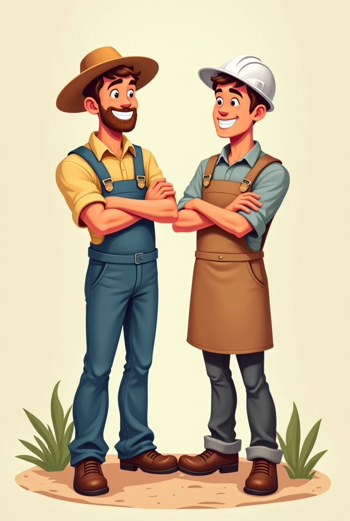 2 people smiling with arms crossed, a farmer with a straw hat and an industrial engineer with a white helmet and apron. Both in profile and from behind. both men. Full body image with legs and feet. cartoon.