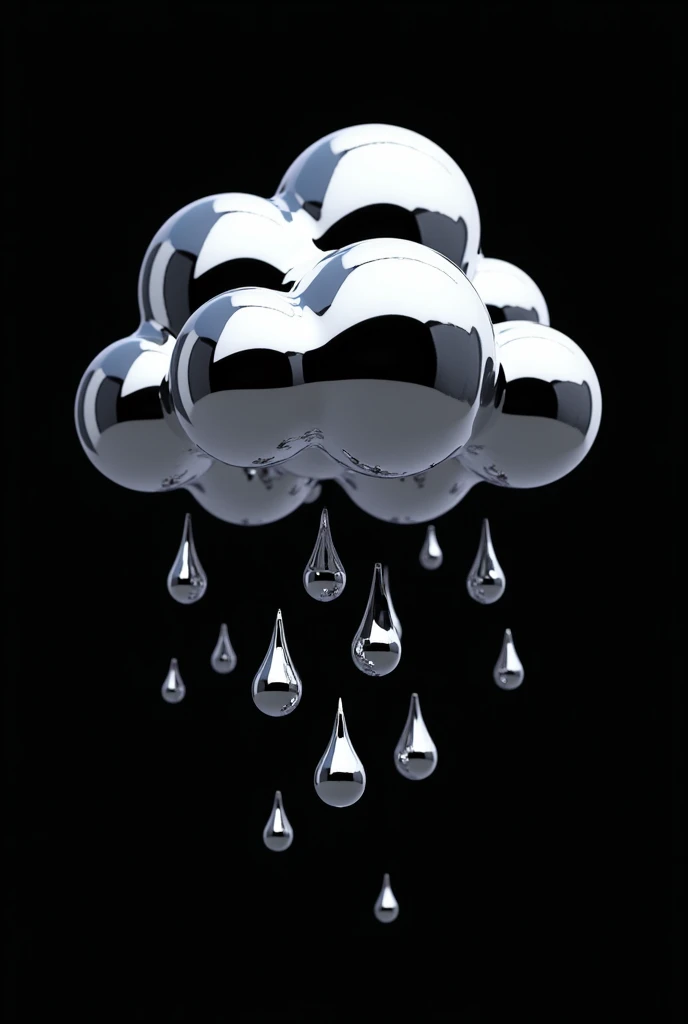 Crie uma nuvem chrome 3D chrome com raios e arames farpados cromados e chuva caindo. The background must be completely black, image must be 100% chrome